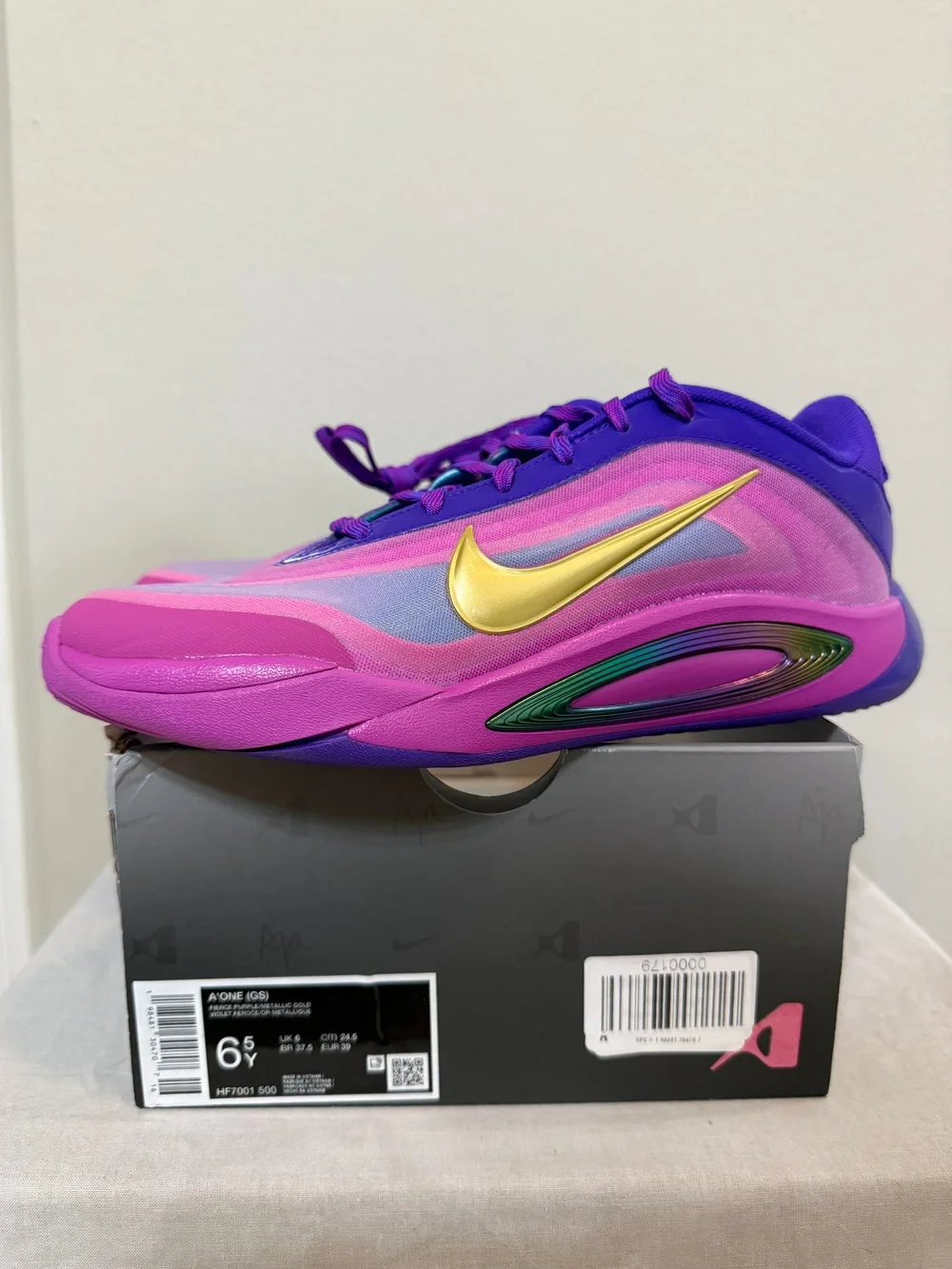 Nike A'One Gs Basketball Shoes Purple Pink Gold Size 6.5Y, Fit Women size 8